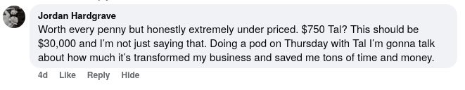 Review from Jordan Hardgrave saying the workshop was worth every penny and extremely underpriced.