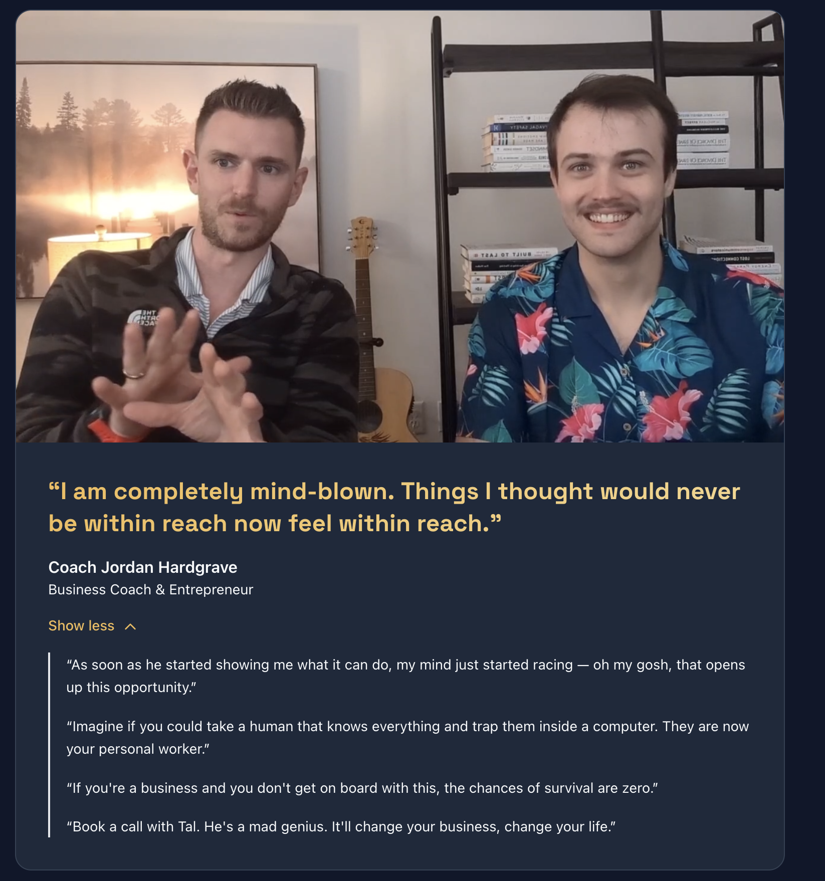Screenshot of Jordan Hardgrave's testimonial card saying he is completely mind-blown and that things he thought would never be within reach now feel within reach.