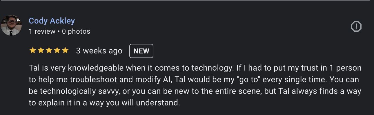 5-star Google review by Cody Ackley: "Tal would be my go-to every single time."