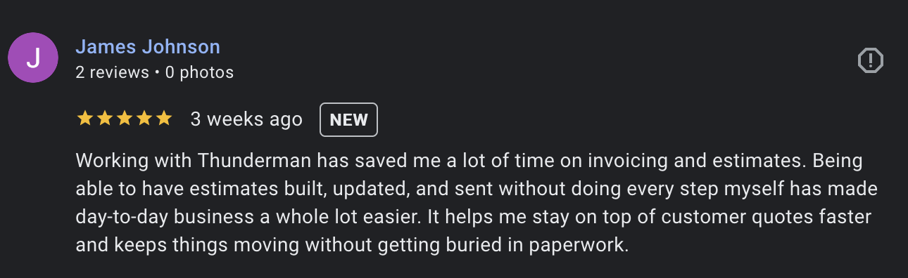 5-star Google review by James Johnson about saving time on invoicing and estimates.